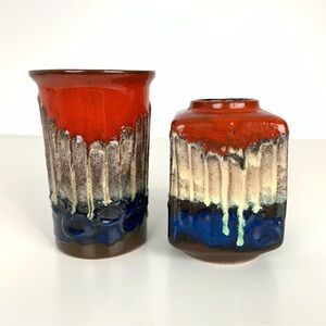 Set Of 2 Strehla Vase Fat Lava Red Blue Vtg Stamped Germany German Pottery MCM